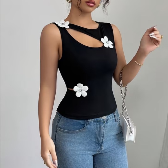 Tops - Black Sleeveless Top with Floral Accents